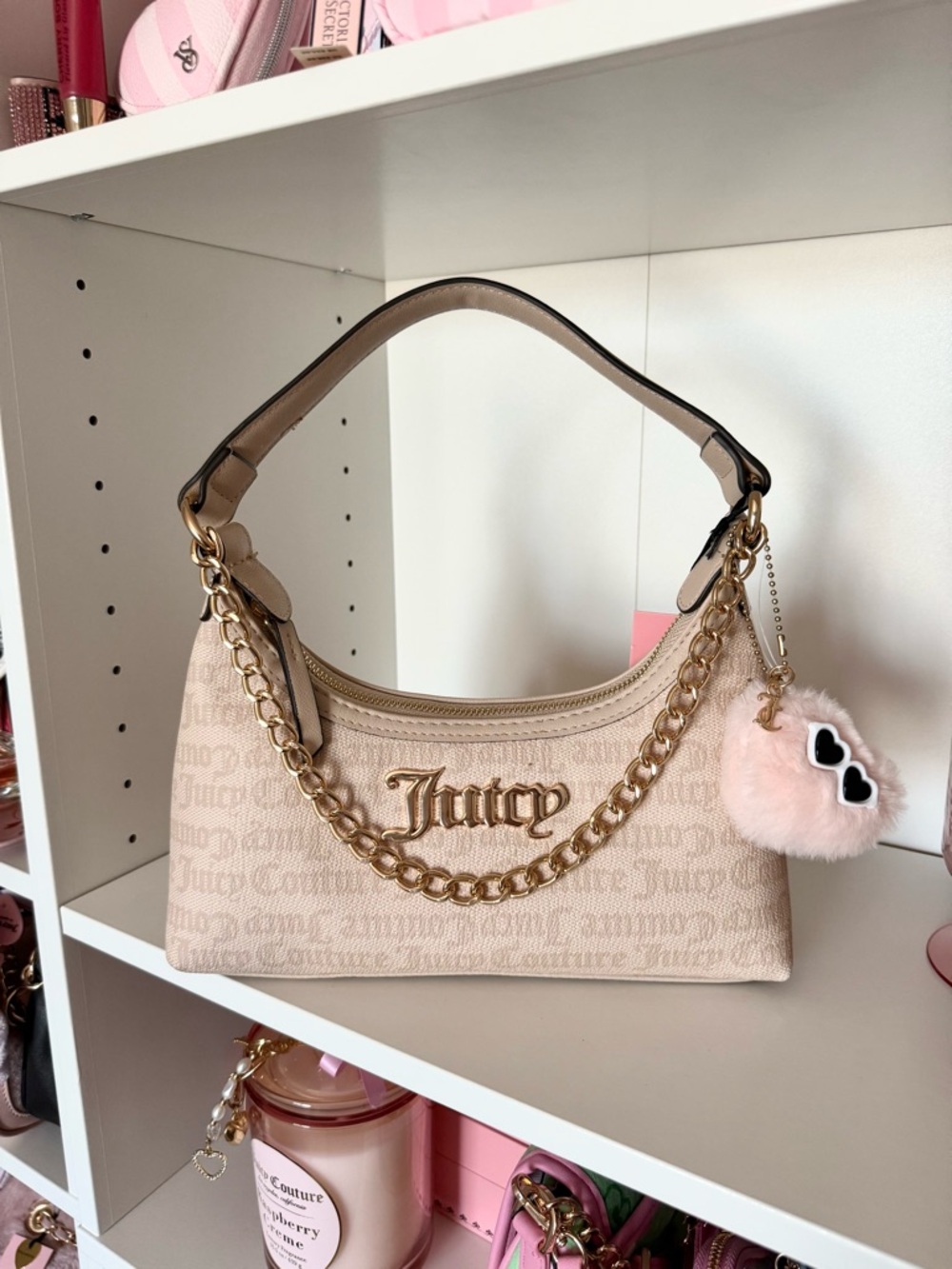 Juicy Couture “Hey Queen” Blush Pink Logo Chain Shoulder Bag